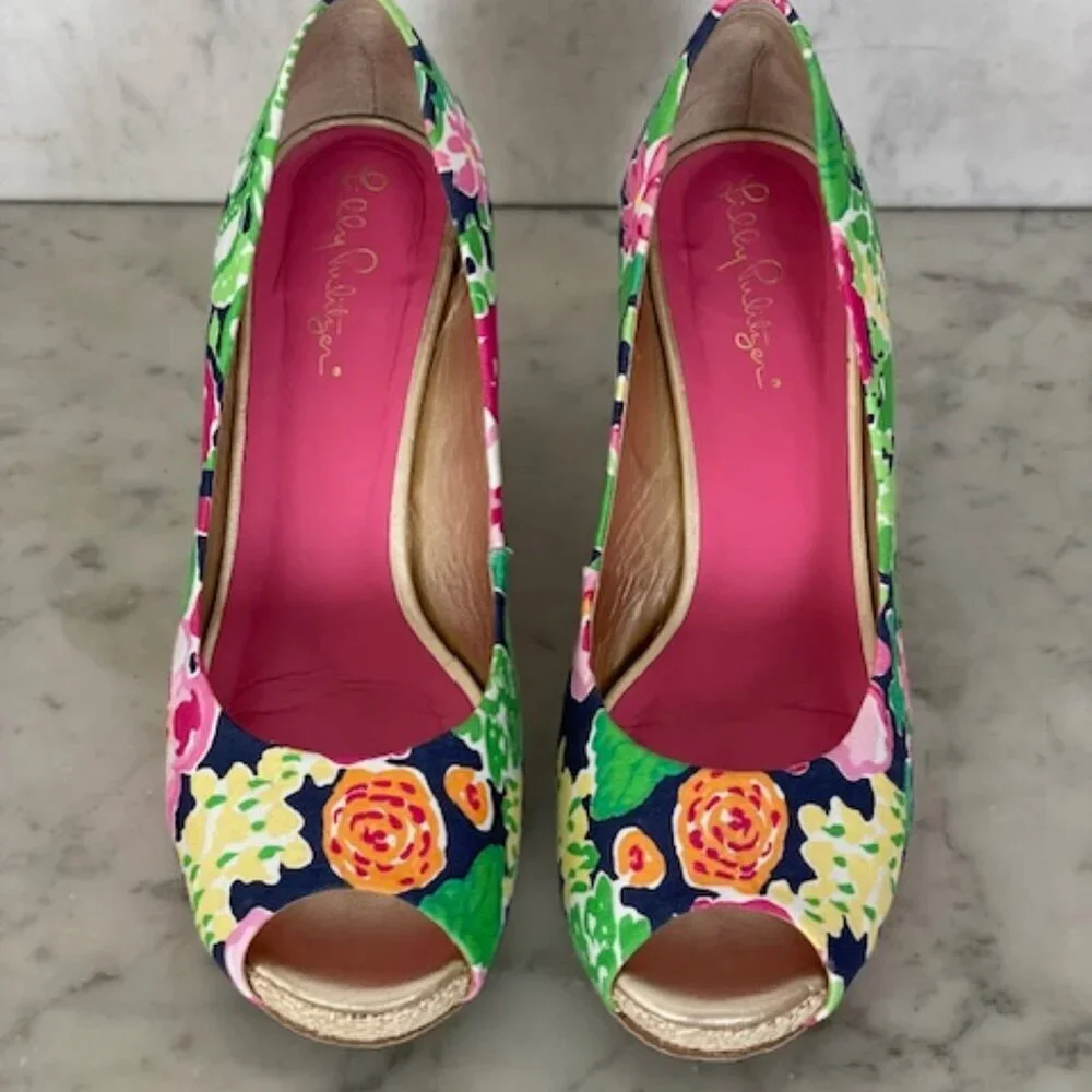 LILLY PULITZER Resort Chic Wedge Mini Getaway Garden Peep Toe Espadrille…